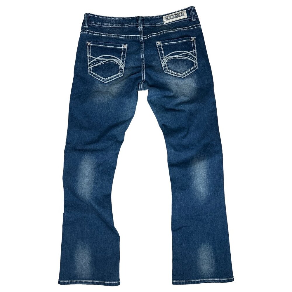 Rock & Roll Cowgirl Dark Wash Bootcut Jeans Western Rodeo Low Rise | 34 - Picture 4 of 13